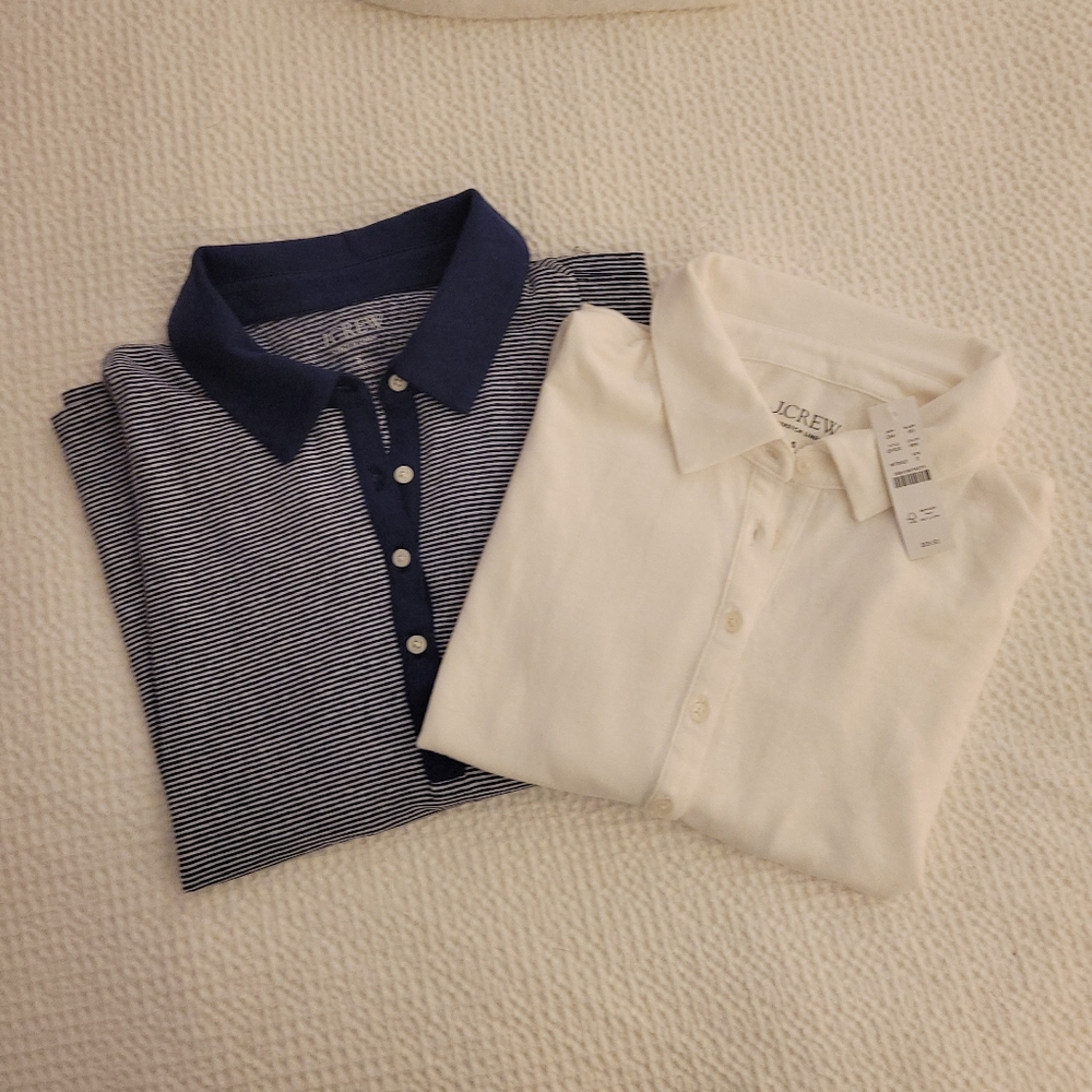Two JCrew loose fit long sleeved stretch linen polo shirts